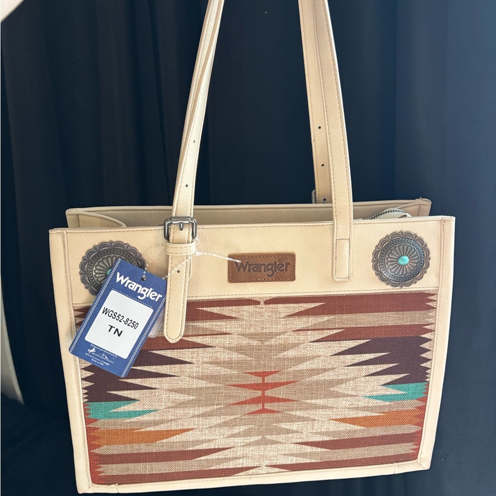 Wrangler Tan Southwestern Patterned Tote with Turquoise Accents